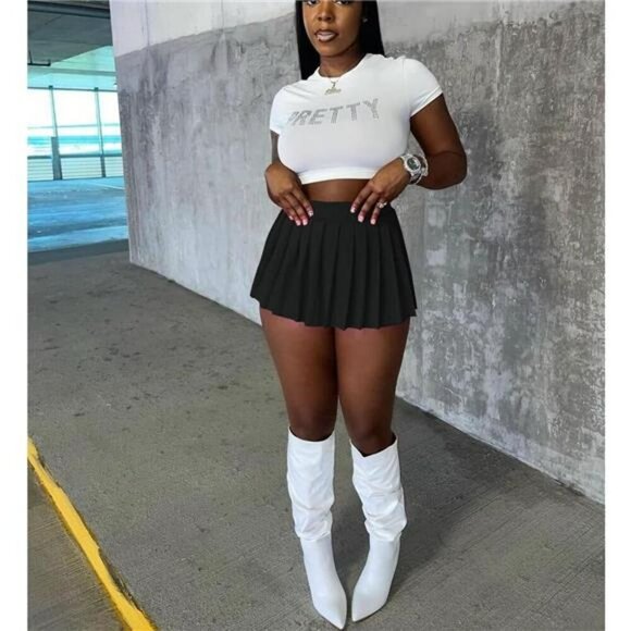 Y2K Pleated Mini Skirt High Waist A Line Stretchy Tennis Club Skater Skirt - Picture 4 of 7